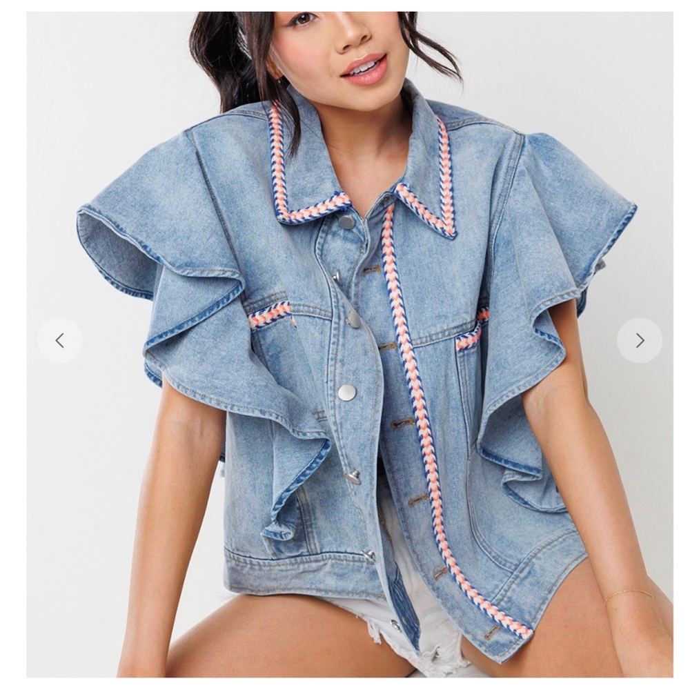 30 Boho Denim Big Ruffle Sleeve Vest Jacket - Picture 3 of 7